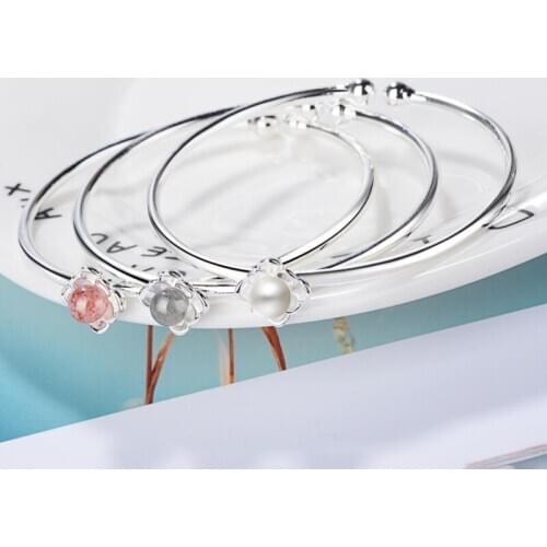 Lotus Sweet Pink Strawberry Crystal Flower Moonlight Stone Pearl 925 Sterling Silver Female Trendy Resizable Bracelets SBR086