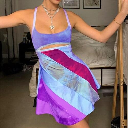 Women Colorful Patchwork A-Line Dress 2021 Fashion Sleeveless Hollow Out Slim Casual Sexy Mini Dress Club Evening Party Dress