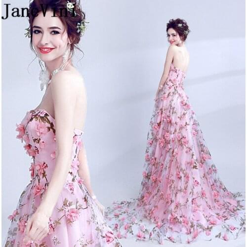 JaneVini Elegant Pink Flowers Prom Dress Long 2019 Floral Backless Ladies Party Dresses Evening Gowns Vestidos Cerimonia Longos