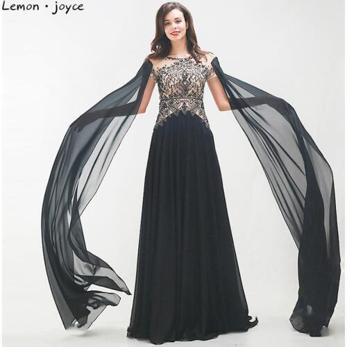 Lemon joyce Elegant Black Evening Dresses for Women 2020 O-Neck Beading Floor Length Prom Dress Dubai Dress Plus Size