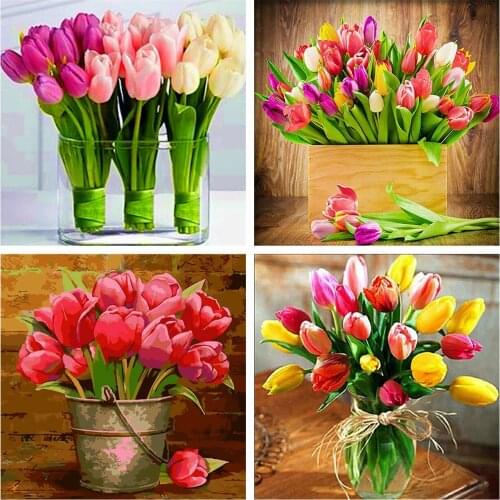 Huacan 5d Diamond Painting With Square Rhinestones Tulip Vase Diamond Embroidery Cross Stitch Mosaic Flower Needlework