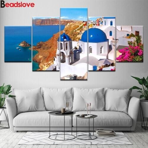 Diamond Painting 5pcs Greece Santorini Blue Ocean Diamond Embroidery sale full square/round drill Mosaic pictures of rhinestones