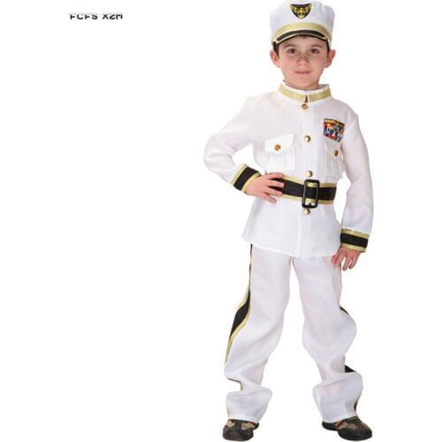 White Boys Navy officer uniform Cosplay Kids Children Halloween Policeman Costumes Carnival Purim parade Stage Play Party dress