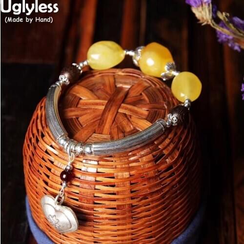 Uglyless Retro Ethnic Silver Heart Bracelets for Women Elastic Rope Beeswax Amber Braceles Real 925 Silver Bangle Jewelry BR313