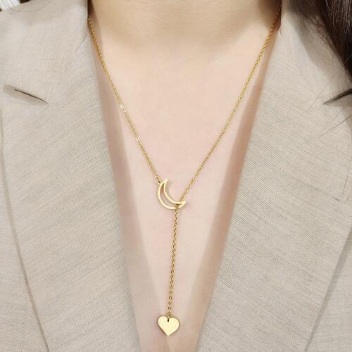 CACANA Stainless Steel Long Pendant Moon And Heart Necklaces Pendants For Women Simple Design Necklace Stylish Jewelry Party