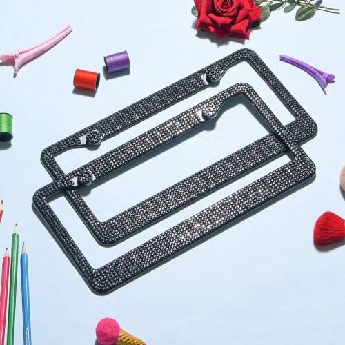 Handcrafted Black Crystal Premium Stainless Steel Bling License Plate Frame 2 Holes License Plate Holder