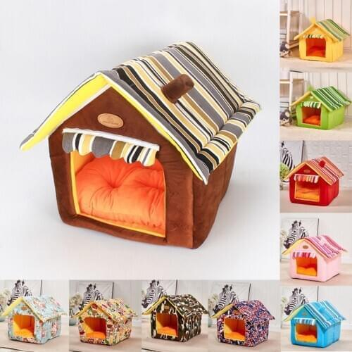 Pet House Foldable Bed With Mat Soft Winter Leopard Dog Puppy Sofa Cushion House Kennel Nest Cat Dog Bed For Small Medium Dogs