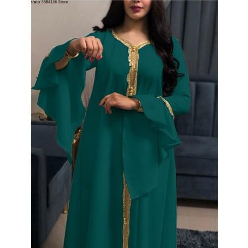 Eid Dubai Abaya Dress Jalabiya for Women Fashion Flare Sleeve Muslim Loose Robe Moroccan Kaftan Islam Arab Clothing Green White