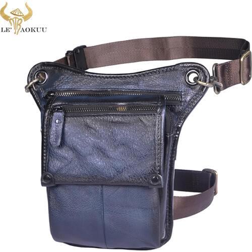 Quality Leather Men Fashion Blue Small Travel Messenger Sling Bag Design Fanny Waist Belt Pack Phone Case Drop Leg Bag 211-4-db