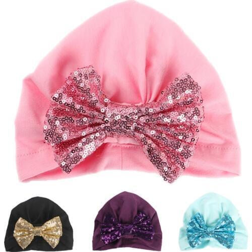 Sweet Baby Girl Hat with Sequin Bow Elastic Cotton Baby Beanie Cap Candy Color Sparkle Infant Hats for Girls 1 PC