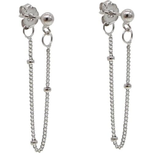 100% 925 sterling minimal mini ball beaded gold filled jewelry with tiny long Tassel chain girls delicate dainty stud earring