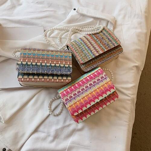 Fashion Bohemian Style Women Woven Crossbody Shoulder Bags Ladies Summer Beach Messenger Bag Pearl Chain Mini Handbags Flap