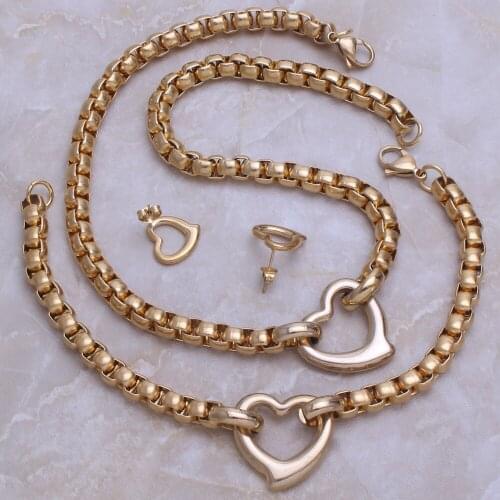 Fahion Jewelry Set Stainless Steel Heart Chain Necklace Bracelet and Earrings For Man & Woman Joyas Jewels Store SJ219007