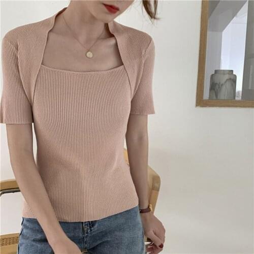 2021 Summer New Temperament Style Commute Retro Square Collar Slim Temperament Thin Pullover Short Knitted Sweater Women Tshirts