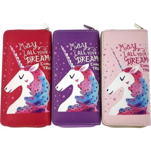 KANDRA New Purple PU Leather Unicorn Wallet Women Long Card Holders Phone Bag Star Print CAMPUS Every Day Wallet Wholesale