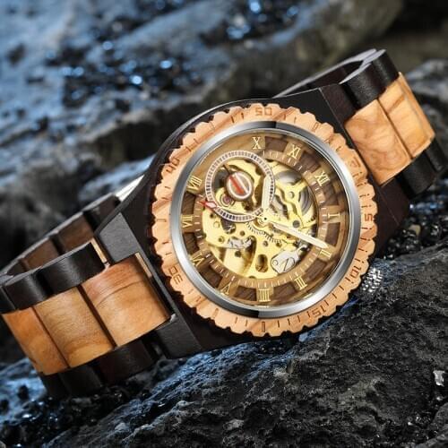 Luxury Mens Watch Automatic Mechanical Wooden Watch Roman Numerals Display Wood Bangle Wristwatch Creative Male Timepiece Reloj