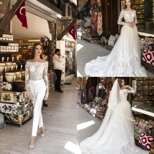 Wedding Jumpsuit With Detachable Overskirts A Line Sweep Train Beach Bridal Dress Lace Appliqued Long Robes De Mariée