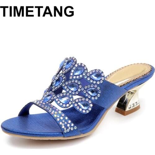 TIMETANGPeacock Crystal Thick Heels Women Genuine Leather Open Toe Slippers Lady Real Leather Shoes Big Size Summer E1038