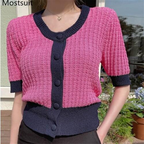 Color-blocked Thin Knitted Cardigan Women Summer Short Sleeve Single Breasted O-neck Sweater Vintage Elegant Ladies Jumpers 2021