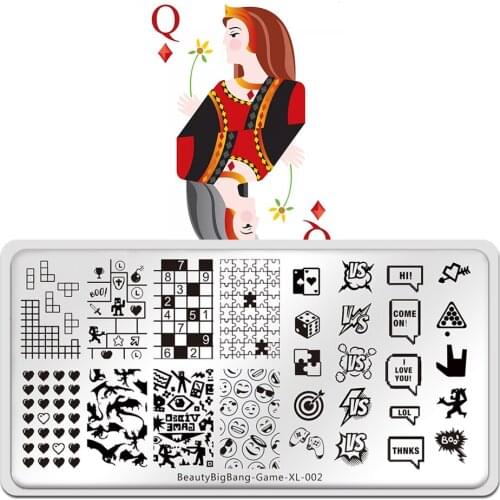 Beautybigbang 6*12cm Stainless Steel Stamp Template For Nail Art Nail Stamping Plates Game XL-002 Heart Block Jigsaw Dice Image