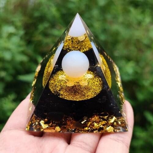 Pyramid Decoration White ball Crystal Sphere & Gold Obsidian Quartz 60MM Chakra Meditation Stone Energy Tower gift Desk Ornament