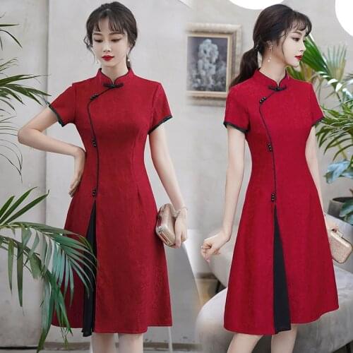 Vintage Lace Patchwork Elegant Young Women Qipao Summer Short Sleeve Chinese Slim Improved Cheongsam Ladies Casual Retro Dress