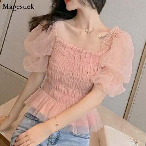 2021 Korean Summer Short Sleeve Blouse Women Square Collar Pleated Mesh Slim Women Shirt Chic Solid Lasy Tops Blusas Mujer 10026