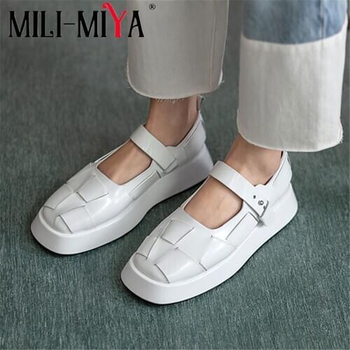 MILI-Miya Fashion Weave Cow Leather Women Flats Platform Solid Color Buckle Strap Square Toe Spring Summer Shoes Size 34-40