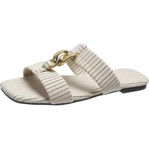 2021 New Comfortable And Western Style Summer Korean Version Of Flat-bottom Square Head Chain Stripe Womens Fashion Sandals And