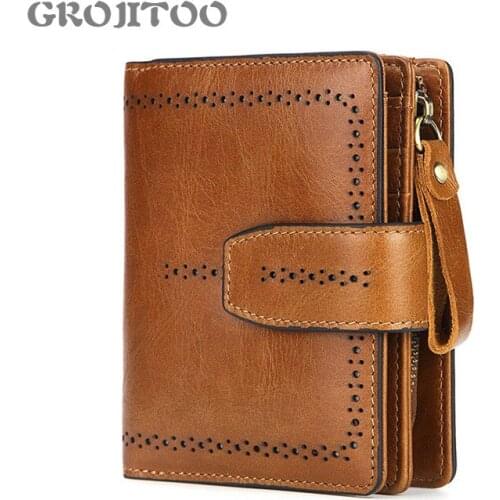 GROJITOO Womens wallet New RFID genuine leather wallet womens short zipper bag oil wax Kraft card bag