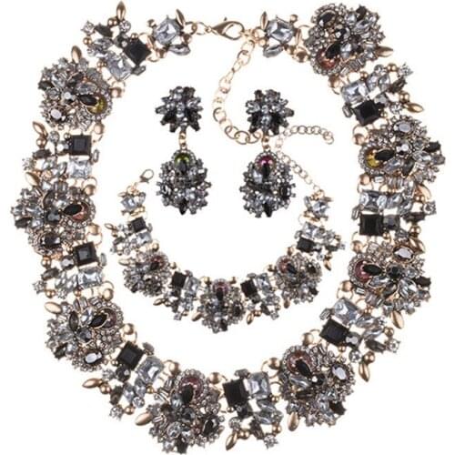 Luxury Crystal Flower Necklace Jewelry Sets Women Wedding Bridal Retro Statement Maxi Fashion Bracelet Earrings Jewelry