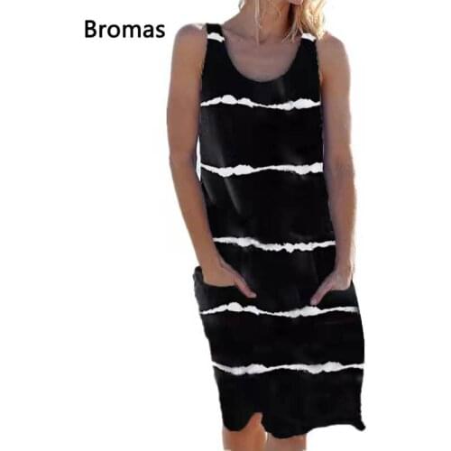 2021 New Summer Womens Casual U-neckline Sleeveless Tie Dye Stripe Pocket Beach Style Vest Dress
