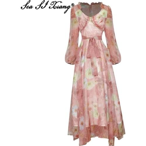 Seasixiang Fashion Designer Autumn Chiffon Dress Women V-Neck Lantern Sleeve Ruffles Floral Print Vacation Dresses