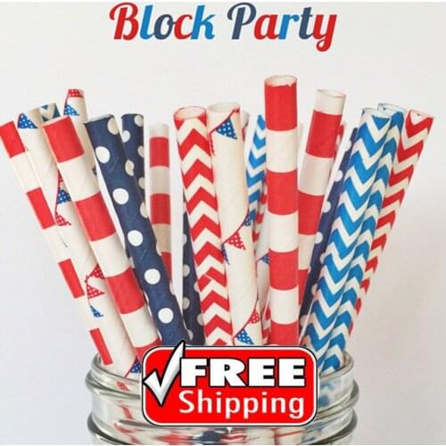250pcs Mixed 5 Designs Block Party Themed Paper Straws - Red,Navy,Blue,Stripe,Chevron,Dot,Bunting,Independence Day,Partiotic