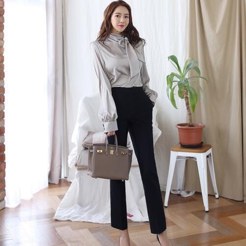 BLLOCUE 2019 Autumn Office Womens Elegant 2 Pieces Set Lady Long Sleeve Bow Lace-up Blouse Shirt+Long Pants Suits