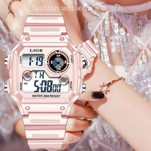 LIGE New Ladies Watches Luxury Rose Women Digital Watch For Women Waterproof Silicone LED Electronic Wristwatch Date Alarm Clock