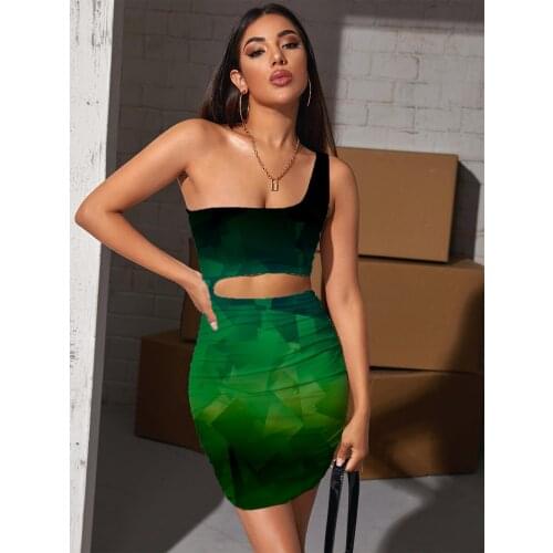 Giyu Brand Abstract Dresses Women Psychedelic Vestido Sexy Green Pleating Cube Halter Sleeveless Womens Clothing Summer New