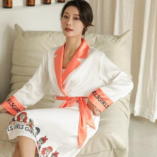 Faux Silk Print Kimono Gown Casual Women Robe Turn-down Collar Sleepwear Nightwear Home Clothes Loose Lounge Wear Bathrobe