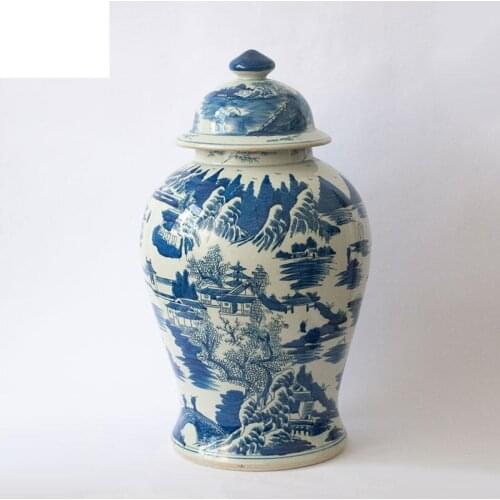 Jingdezhen Ceramic Ginger jar Large Blue And White Porcelain Antique Chinese Style Ornament Storage Pot porcelain temple jar