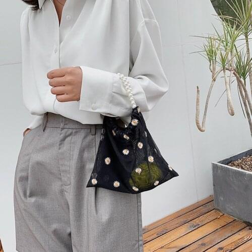 Classic Texture Summer Mesh Daisy Embroidery Handbag Delicate Creative Design Women Small Tote Pearl Flowers Shopping Bag