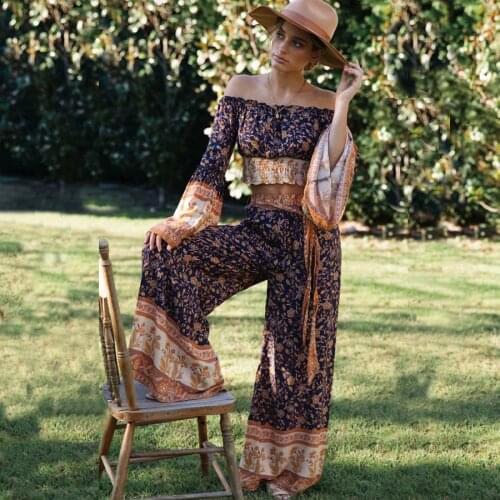TEELYNN boho suit crop top Wide leg pants 2-pieces set Autumn rayon floral print sexy off shoulder long sleeve blouse women set