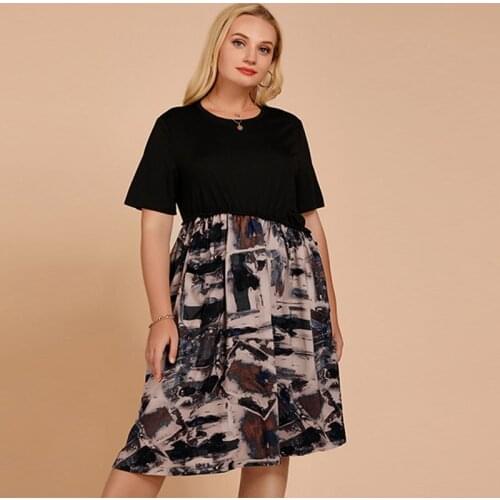 2021 Summer Women Short Sleeve Casual Dress Plus Size Female Retro Printint Patchwork Vintage Dress Knee Length Midi Dresses