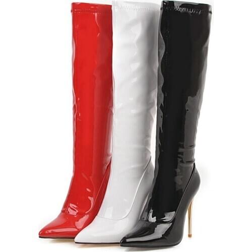 Band Fashion Patent Leather Women Knee High Boots Pointed Toe Boots Sexy Thin High Heel Long Boots Autumn Winter Zipper Shoes