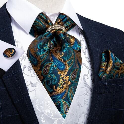 Mens Ascot Vintage Teal Green Gold Paisley Classic Wedding Formal Cravat Self Ties Gentleman 100% Silk Neck Tie Scarf DiBanGu