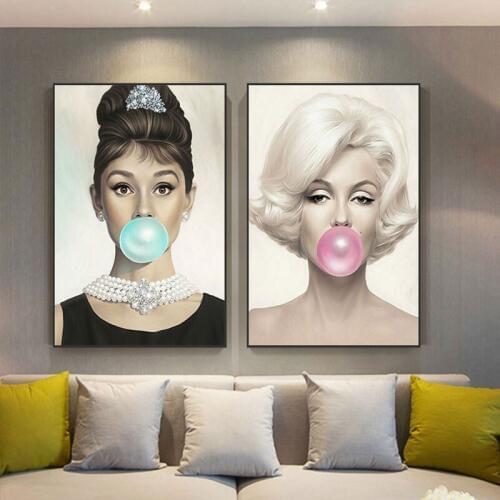 Nordic Mary Monroe Hepburn Pink Bubbles Canvas Painting Big Poster Wall Pictures for Living Room Quadro Tableau Salon Pink Decor