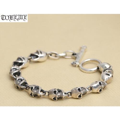 NEW! 925 Silver Skeleton Bracelet Thai Silver Skull Bracelet Real PURE Silver Vintage Style PUNK bracelet Man Jewelry Gift