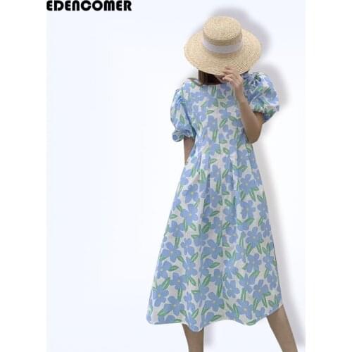 Hepburn Style Floral Dresses 2021 Summer Retro Puff Sleeve Long Dress Female Print Holiday Beach Dresses Women Clothes