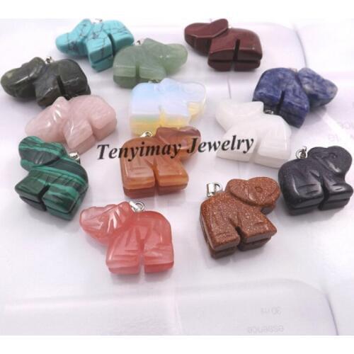 Mixed Semi-precious Stone Elephant Pendant For Necklace, Real Natural Stone Pendant 24pcs/lot Wholesale