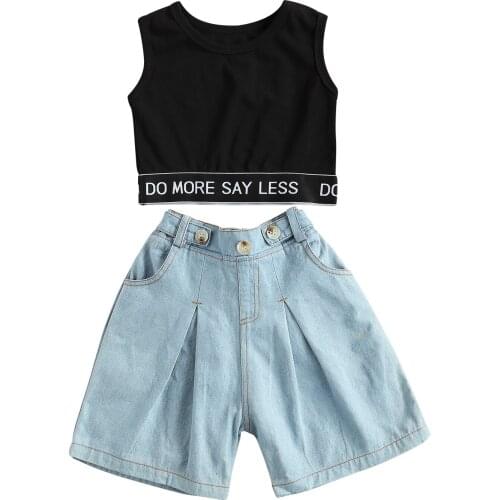 Girls Casual Two-piece Clothes Set Black Round Collar Sleeveless Tops + Elastic Waist Shorts
