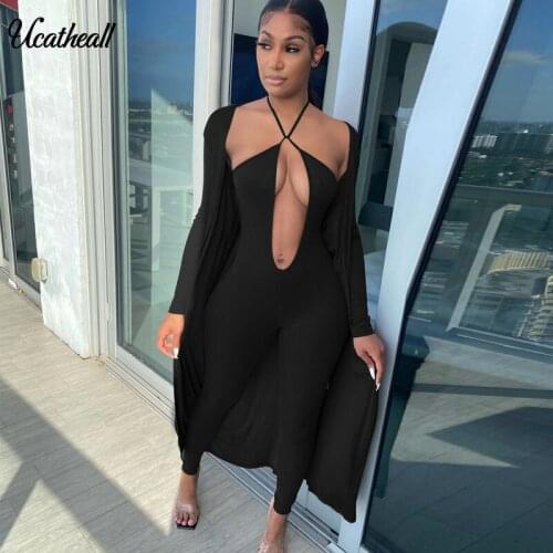 Backless Halter Deep V Neck Bodycon Jumpsuit Women Rompers Sexy Club Jumpsuits Clubwear One Piece Outfits With Long Cardigan